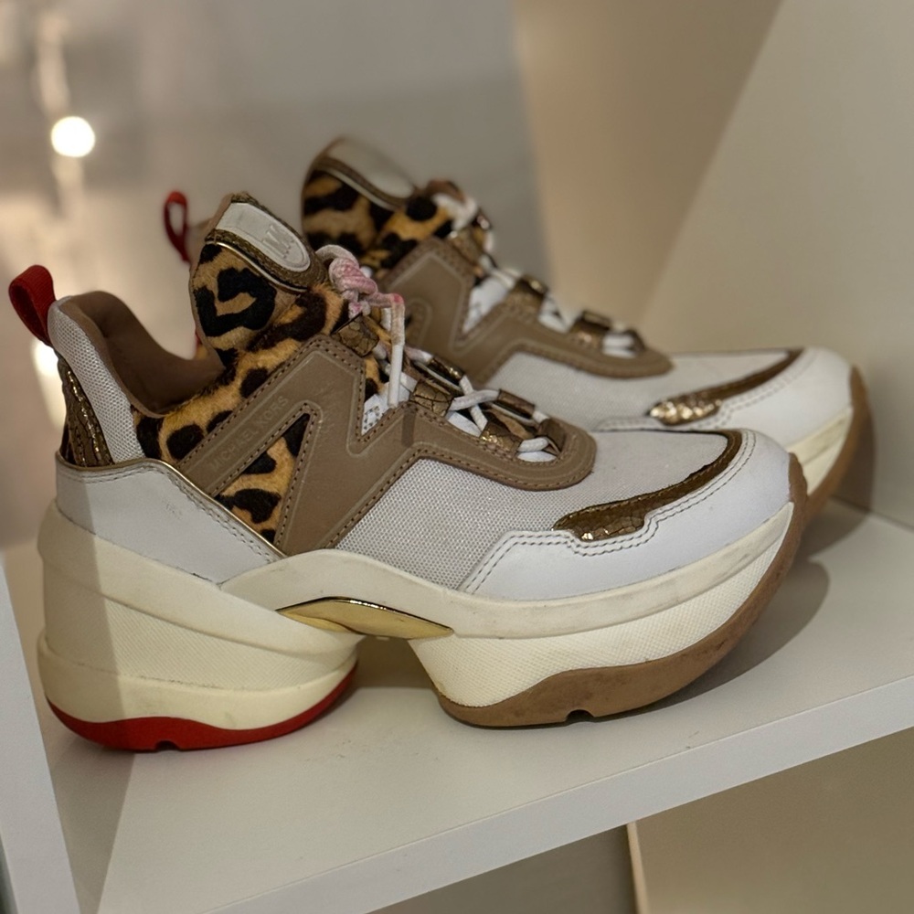 Michael Kors Leopard Print White Red Gold Olympia Trainer Size 6M - Picture 2 of 12